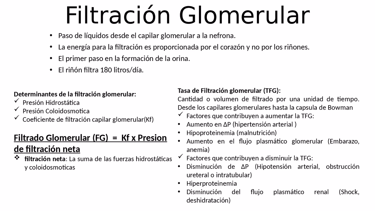 ¿Cuáles son los determinantes de la filtración glomerular?
